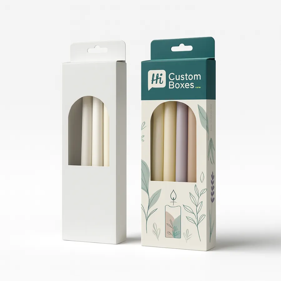 Vertical box with hang-tab- featuring an arch cutout and four pastel-coloured taper candles inside- class=